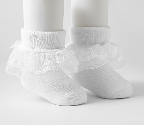 Baptism Socks for Baby Girls - White Newborn Christening Socks With Cross & Eyelet Frilly Lace