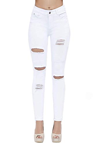 Women's Casual Ripped Holes Skinny Jeans Jeggings Straight Fit Denim Pants (US 4, White 15)