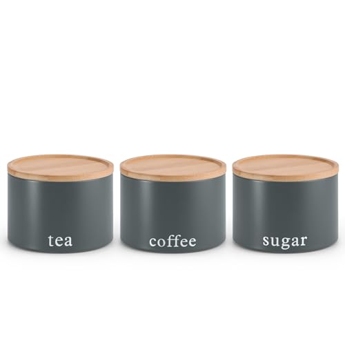 EHC Tea, Coffee, Sugar, Canister Set, Set of 3 Stackable Airtight Food Storage Easy to Open Storage Cansiters Jars Tin, Grey