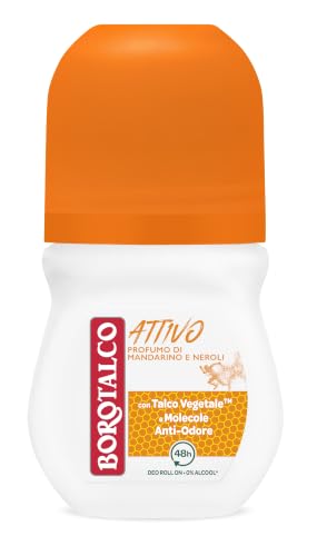 Borotalco, Deodorante Roll On Attivo Arancione, Formula Senza Alcool e con Talco con Molecole Anti-Odore, Efficacia Fresca, 48h di Efficacia, Profumo di Mandarino e Neroli - 1 Flacone da 50 ml