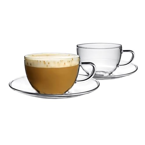 Argon Tableware Clear Glass Cappuccino Cup & Saucer Set - 260ml, Pack of 2 - Dishwasher Safe Tea & Coffee Mugs, Perfect for Coffee, Cappuccinos, Lattes & Hot Beverages