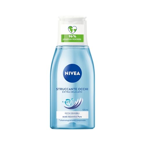 NIVEA Struccante Occhi Extra Delicato 6 x 125 ml, Struccante bifasico per trucco e mascara, Olio struccante con Acido Ialuronico Puro, Non irrita, Senza profumo, Per occhi sensibili