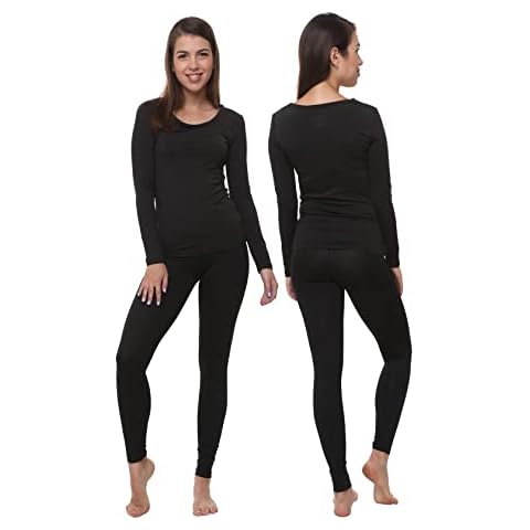 Ultra Dry Women Thermal Underwear Set; Base Layer Soft Fleece Lining Ladies 2 pc Top Shirt & Bottom Leggings Tights Long Johns Black X-Small Cover