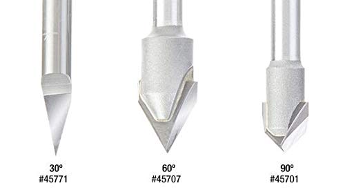 Amana Tool AMS-129 Lot de 3 fraises en carbure et carbure de tungstène à rainure en V 30 60 et 90 degrés Tige 6,35 mm