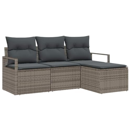 vidaXL 4-teiliges Garten-Sofa-Set mit Kissen in Grau aus Poly Rattan – modernes, modulares Design mit verstellbaren Füßen. Wetterfest, geeignet für Terrasse, Sitzgruppe oder Balkon.