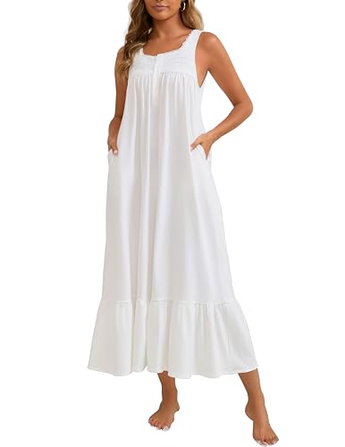 Women's Nightgown Cotton Victorian Nightdress Long Sleeveless Sleep Gown with 2 Pockets S-3XL