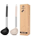 Pack of 2 Ladle Spoon,Silicone Large Spoon for Soup,Non Stick Kitchen Utensils with High Heat Resistant,BPA Free Perfect Kitchen Tools for Cooking, Stirring,Serving Soups (BLACK-KHAKI)