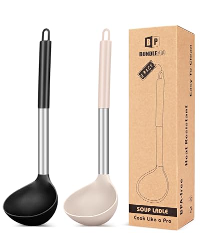 Pack of 2 Ladle Spoon,Silicone Large Spoon for Soup,Non Stick Kitchen Utensils with High Heat Resistant,BPA Free Perfect Kitchen Tools for Cooking, Stirring,Serving Soups (BLACK-KHAKI)
