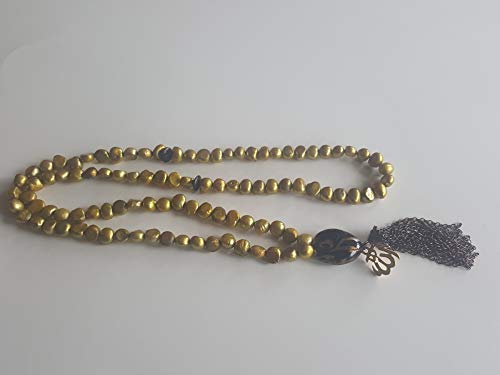 Artisan Hand Made ZamZam Tasbih Islamic Prayer Beads Olive Green Cultured Pearls 7-8mm, Black Spacer, Classic Gold and Black stem, 22K Plated Allah Gold Charms, Bronze Tassel