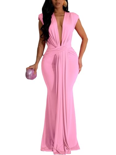 Image of Ekaliy Elegant Bodycon Dresses for Women Deep V Neck Maxi Dress Mermaid Long Dress