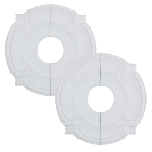 Image of PU Ceiling Medallions 2Pcs, 13.1 Inches x 3.38 Inches, White | Split Type, Paintable, Fits 3.38 Inches Canopy, European Vintage Carving Style, Made of Synthetic Foam