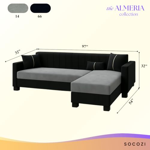 Image of SOCOZI Alveria 5 Seater RHS L Shape Sofa Set | Soft Velvet Suede Fabric | Modern Design | Plush Comfort Cushions for Living Room (Light Grey-Black)