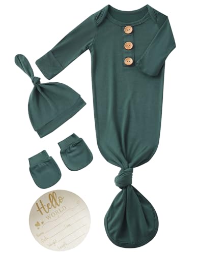 Image of Newborn Baby Knotted Gown Headband/Hat Set Clothes Bamboo Viscose Sleep Gown with Announcement Sign