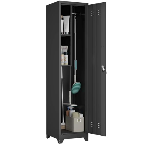 Image of Slim Cabinet for Small Spaces, Metal Bathroom Storage Cabinet with Shelves, Hooks, Narrow Locking Cabinets with 2 Keys, 65 inch H Tall Storage for Home Office, Living Room, Dining Room, Black