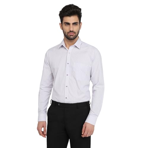 Image of Raymond Men Slim Fit Stripe Pattern Pure Cotton Semi Cutaway Collar Full Sleeve Formal Shirt