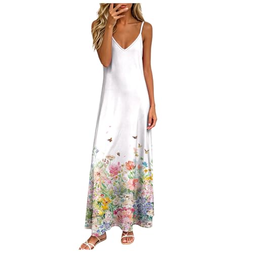 Vestido de espalda genérico con tirantes de espagueti, vestido de verano casual y de moda para mujer, cuello en V, manga larga, ideal para vacaciones en la playa. Ropa para mujer, blanco, XXL