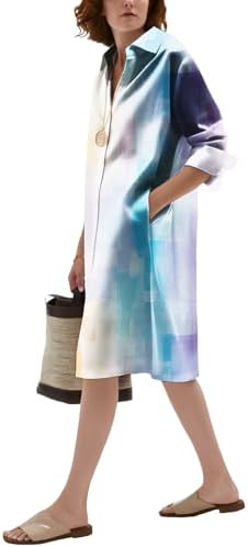 Women's Modern Art Geometric Button Down Dress V Neck Midi Dress with Pockets Knee Length Work Casual Office Medium