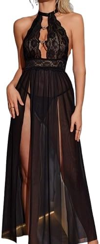 Womens Lingerie Lace Bodystocking Nightgown Side Split Chemise Sexy Sleepwear lit Dress Lace Lingerie Dress For Women Sexy,Boudoir Outfits Valentines Wedding Night Black(XL)