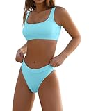 Picture of KerryKreey Two Piece Swimsuit for Women Push Up Bikini Top Tummy Control Bathing Suit High Cut Mid Rise Sporty Swimwear Teens Sky Blue