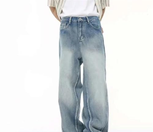 Men Patchwork Jeans Washed Loose Fit Wide Leg Straight Casual Trousers High Waist Denim Pants2