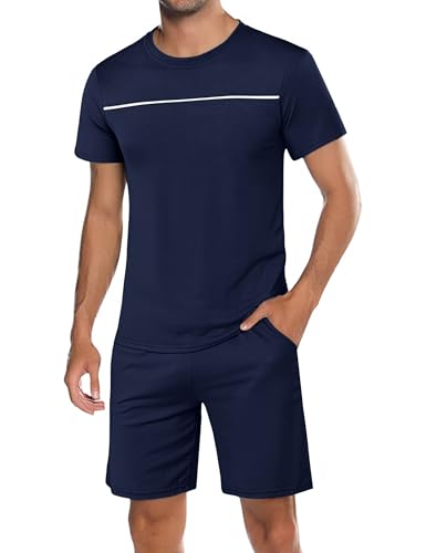Marvmys Schlafanzug Herren Kurz Baumwolle Pyjamaset Herren Sommer Nightwear Pyjama Kurzarm mit Rundhalsausschnitt Oberteil und kurzer Schlafanzughose