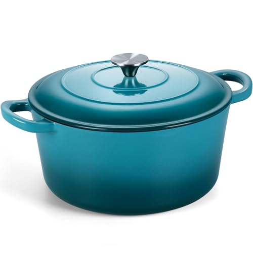 Onader Olla grande de hierro fundido con tapa, de 7 cuartos de galón, para hornear pan, redonda, esmaltada, resistente, color cian oscuro