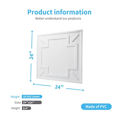 Image of Art3d Decorative Drop Ceiling Tile 2 inchx2 inch, Glue-up 3D Textured Ceiling Panel, Plastic Sheet in White(12 Pack)