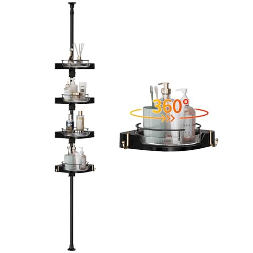 akinbas 360 Rotating Shower Caddy Tension Pole with 4-Tier Rustproof Lazy Susan 35-128 Inch No Drilling Coner Shelves Adjustable Shower Rack for Bathroom Bathtub Washbasin Plant Storage (Black)