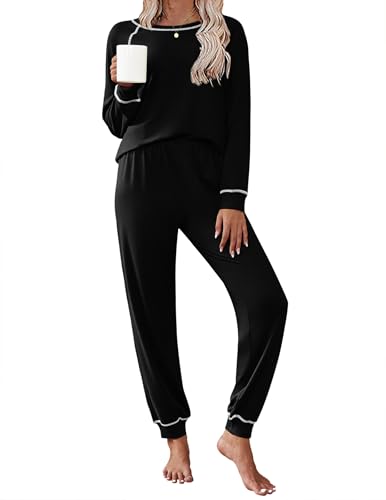 Ekouaer Pajamas Set for Women Soft Comfy Pjs Sets Long Sleeve Sleepwear Loungewear S-XXL Black