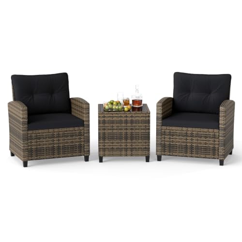 Image of Tangkula 3 Piece Patio Furniture Set, Rattan Conversation Set w /Soft Seat & Back Cushions, Tempered Glass Topped Coffee Table, Cushioned Wicker Seating Set for Backyard, Porch, Poolside
