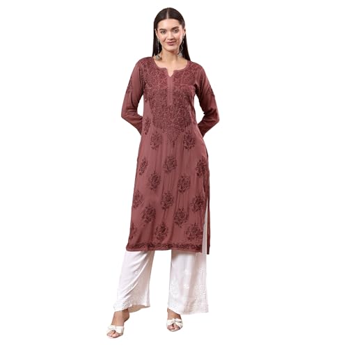 Image of POSHAK CHIKAN STUDIO Women's Hand Embroidered Lucknowi Chikankari Modal Straight Long Kurta, heer