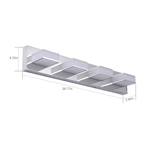 Image of Modern 4 Light Long Bathroom Lamp - Chrome Stainless Steel Acrylic LED Vanity Sconces for Bedroom, Living Room, Kitchen (Cool White 6000K)