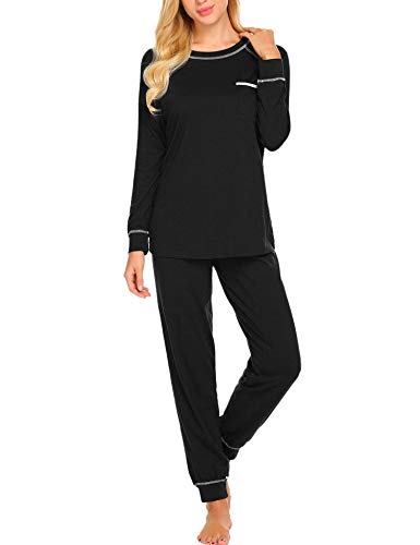 Ekouaer Sleepwear Set Women's Long Sleeve Pajamas With Long Lounge Pants Nightwear Set (Black,M) #TOP2