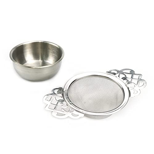 Tighall 1 Set Silver Stainless Steel Tea Strainer with Drip Bowl, Mesh Loose Leaf Tea Infuser with Double Winged Handle