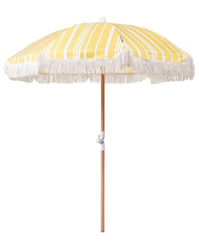 Beliani Sonnenschirm mit Volant Regenschutz Holzmast gelb rund ⌀ 150 cm Boho Mondello
