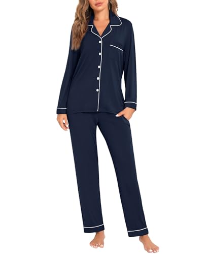 Image of Women's Pajama Sets Long Sleeve Sleepwear Button Up Shirt With Pajama Pants Soft Pjs Lounge Sets