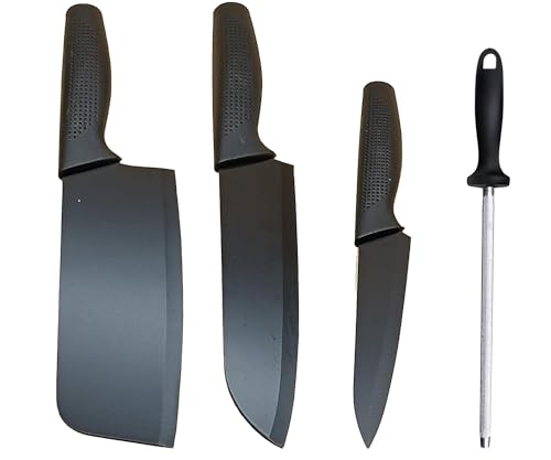 Image of Set of 3 with Knife Sharper Stick, Stainless Steel - Heavy Duty Blade, Professional Butcher Chopper for Home Kitchen and Restaurant (Set of 3 with Knife Sharper Stick)