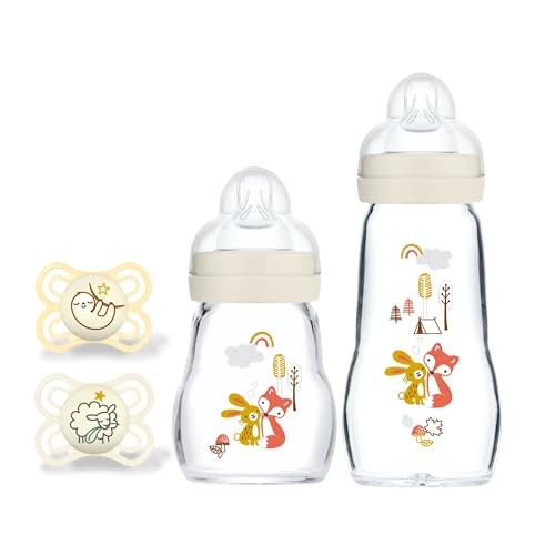 Image of MAM Feel Good Glass Baby Bottle and Pacifier Bundle, Unisex, Slow Flow and Medium Flow, Premium 5oz and 9oz Glass, Easy Switch Between Breast to Bottle, MAM Perfect Night Pacifier 0+ Months, Glows in