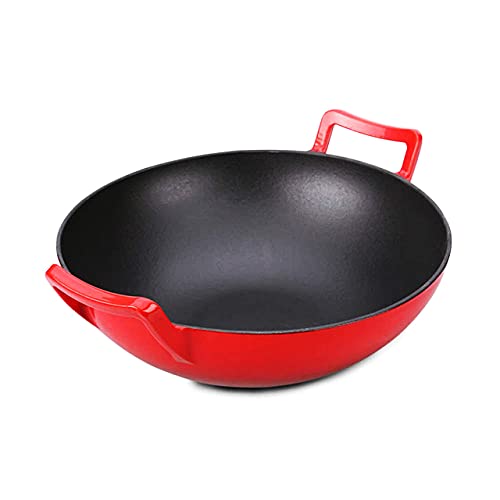 Bruntmor 14 Inch Enameled Cast Iron Wok/Pot. 14" Nonstick Enamel Skillet Pan With Large Loop Handles & Flat Base. Cookingware For Kitchen/Indoor/Outdoor Camping. (Red) #TOP6