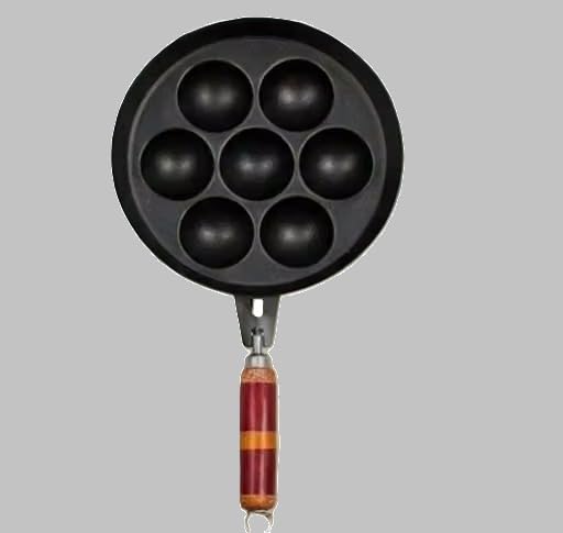 Image of 7 Cavity Iron Appam Patra with Wooden Handle | Paniyaram Appe Maker PanBlack