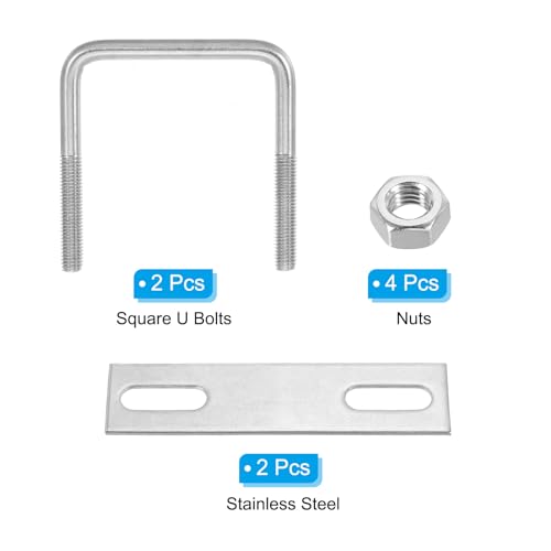 Image of PATIKIL M8x65x80mm Square U-Bolts Kit, 2Set 304 Stainless Steel Square U Shaped Bolts Replacement Parts with Frame Plates and Nuts for Ski Board Sailboat Trailer