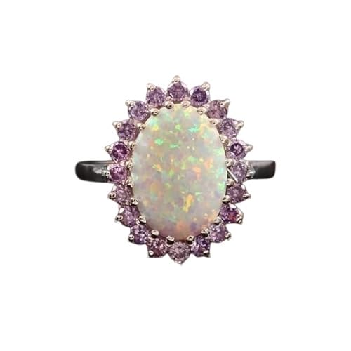 Vintage Amethyst Engagement Ring for Women – 925 Sterling Silver, 10x14mm Oval Gemstone Opal & Lavender Flower Design Jewelry Gift for Her