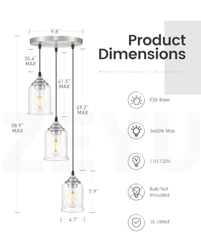 Image of zeyu 3-Light Pendant Lighting, Adjustable Modern Cluster Pendant Light for Kitchen Island, Brushed Nickel Finish with Clear Glass Shade, ZSL104-3 BN