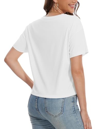 YUCOLEN Women's Crop Tops Summer Short Sleeve Cotton UPF 50+ Round Neck Casual Loose Cropped T-Shirts Solid Basic Tees2