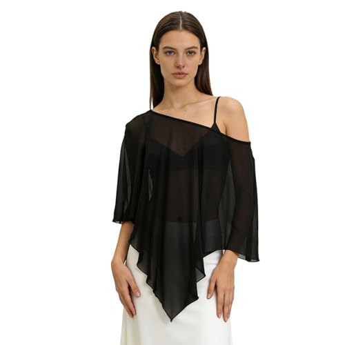 FeMereina Poncho para mulher, xailes de chiffon assimétricos, envolventes, para cobrir com voo, transparente, para festa de noite, noiva, casamento, Preto, Tamanho único