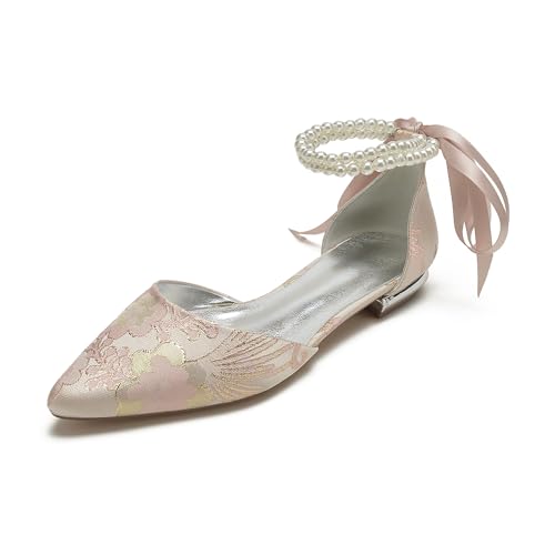 Women's Satin Flats Pointed Toe Bridal Pumps Flat Wedding Shoes Floral Ballet Comfort Walking Flats Shoes