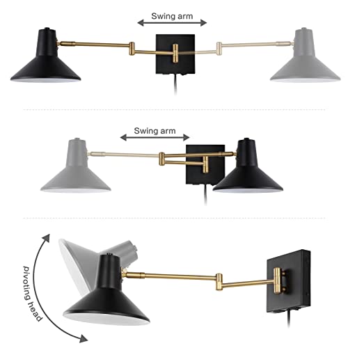 Image of JONATHAN Y 16 inch Black /Brass Gold 1-Light Modern Swing Arm Sconce with USB Port, Plug-in Midcentury LED Bedside Lamp with White Iron Shade for Bedroom Living Room (JYL1302B)