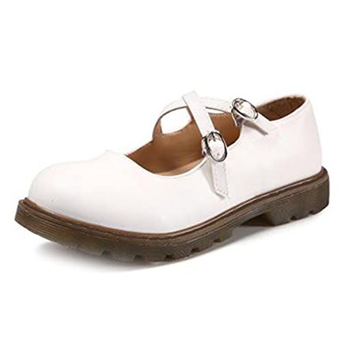 MIOKE Women's Retro Mary Jane Oxford Pumps Round Toe Buckle Cross Strap Comfy Chunky Low Heel Dress Shoes