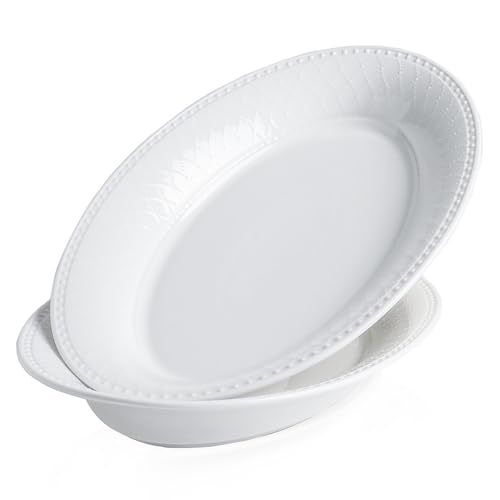 Kanwone Ceramic Large Serving Bowls, Oval Serving Platters for Entertaining, 13" Porcelain Serving Dishes for Dinner, Pasta, Salad, Turkey, Fruit, Bread, Appetizers, Microwave Safe, White, Set of 2