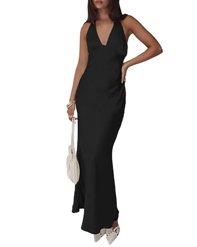 Image of Women's Satin Dresses Summer Bodycon Sexy Halter V Neck Backless Elegant Formal Prom Cocktail Wedding Guest Maxi Dress
